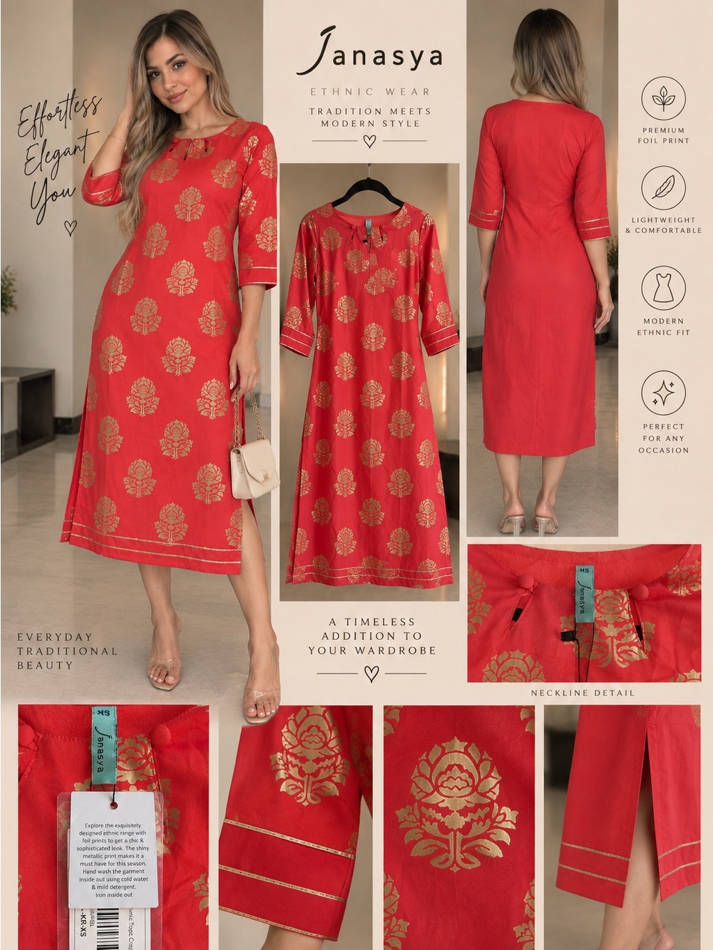 Red Midi Dress with Gold Foil Motif